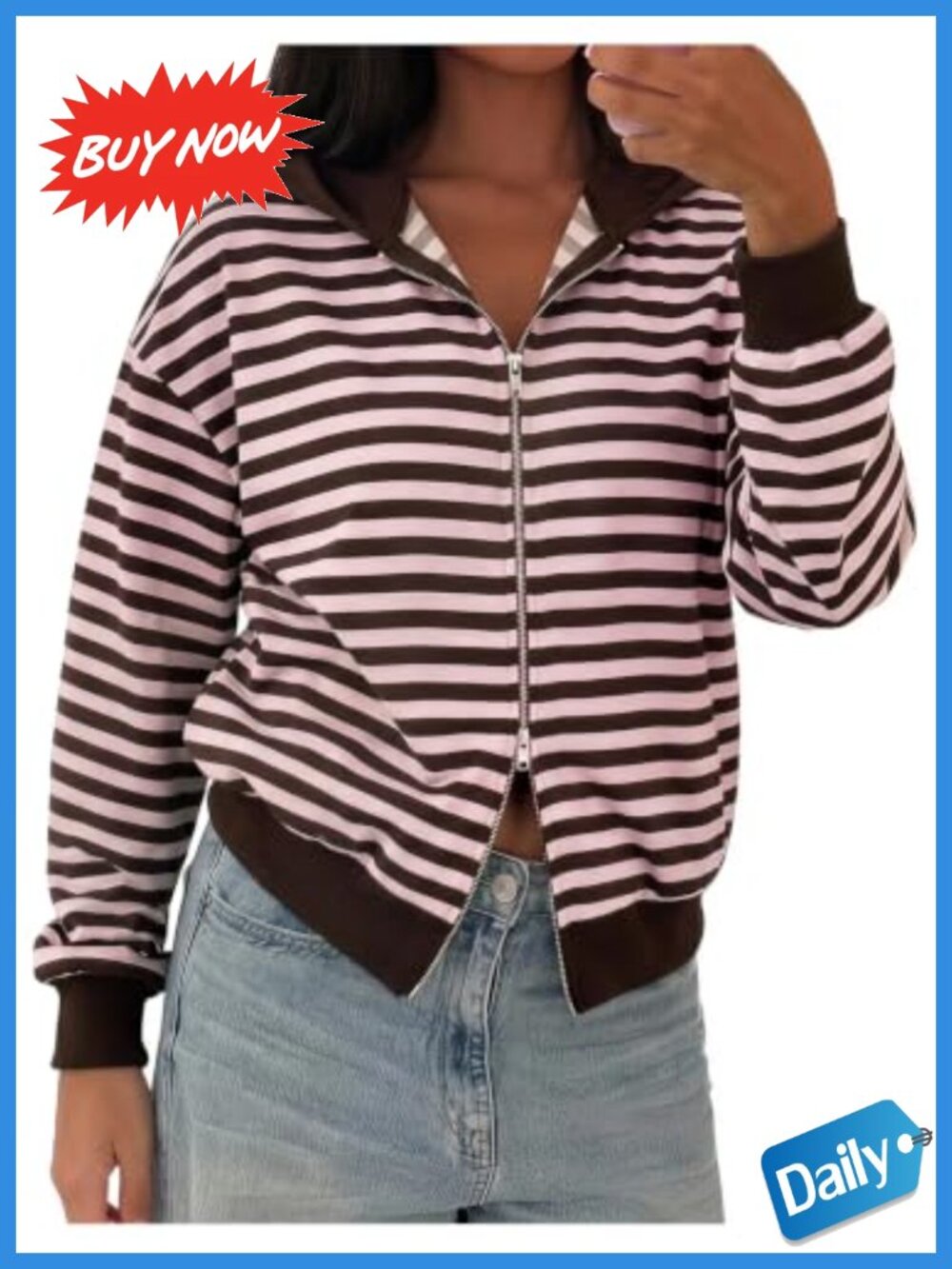 Striped Zip Up Hoodie Long Sleeve Loose Fit Casual Fall Sweatshirt